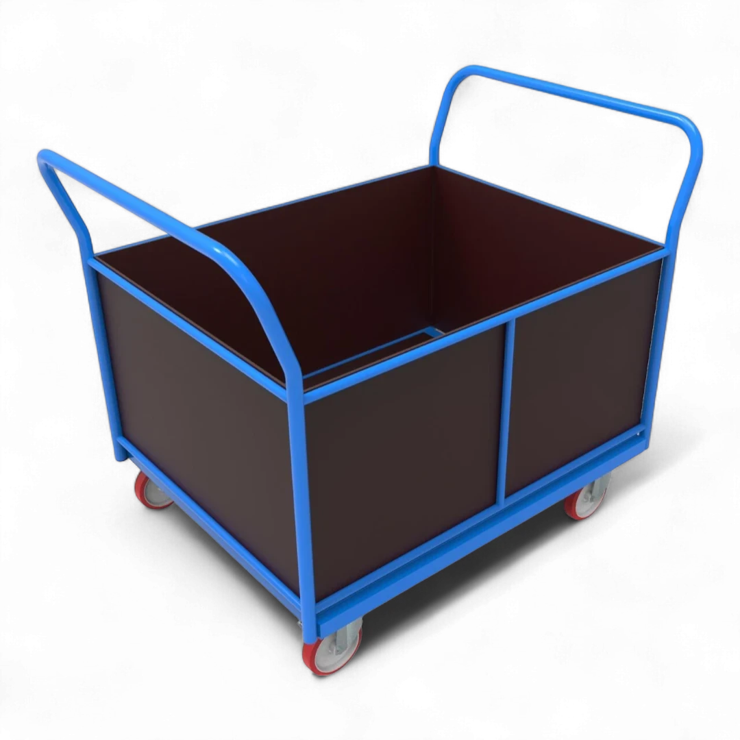 Vierwandwagen mit stabilen Holzwänden – Sicherer Transportwagen mit vier Seiten aus Siebdruckplatte für optimalen Ladungsschutz. Ideal für Lager und Industrie.